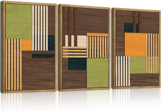 Large Modern Abstract Wall Art Set Minimalist Line Wood Wall Decor Neutral Brown Art Decor Colorful Geometric Wooden Wall Sculptures for Living Room Bedroom Office-16x24Inchx3