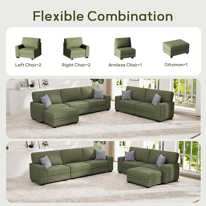 Wanderwell Oversized Modular Sectional Sofa, 6-Seater U Shaped Couches with Movable Ottoman,Corduroy Sectional Couch with Wide and Deep Seats Suitable for Living room,Bedroom,Apartment (Olive, 2+3+OT)