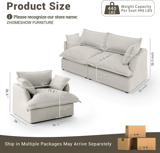 82” Modular Sectional Sofa, Comfy Down Fill Cloud Couch, Loveseat with Single Seater, Small Couch with Washable Cover, Sectional Couches for Living Room Small Apartments, Light Gray