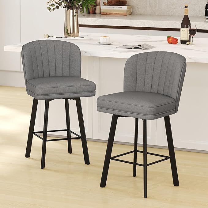 Swivel Counter Height Bar Stools Set of 4, 26'' Modern Barstools with Backs and Metal Legs, Upholstered Bar Chairs,Mid-Gray,Fabric Stools for Kitchen Island Chairs