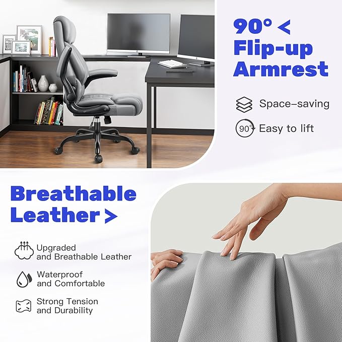 High Back Executive Office Chair - Ergonomic Computer Desk with Rocking Function, Leather Managerial with Adjustable Flip-Up Armrests and Lumbar Support