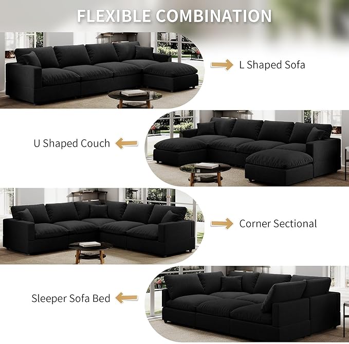 Modern Sectional Linen Couch for Living Room V-Shape Sofas,5 Seat Modular Cloud Sofas,Couches Cushion Covers Removable,Cozy Feather Down Sofa for Apartment Black