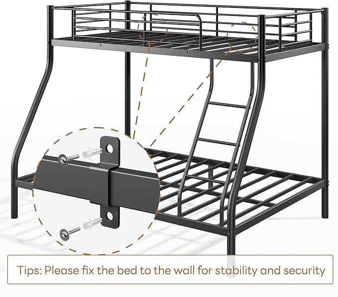 Bunk Beds Twin Over Full Size, Heavy Duty Metal Bunk Bed Frame with Angled Ladder for Teens and Adults, for Spaces-Saving, Smooth Rounded Edges, Noise Free & Easy Assembly, Black