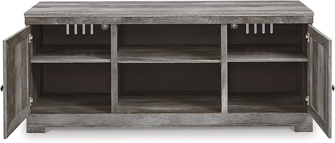 Signature Design by Ashley Wynnlow Rustic 4-Piece Entertainment Center for TVs up to 72" with Electric Fireplace, LED Lighting and Adjustable Temperature, Gray