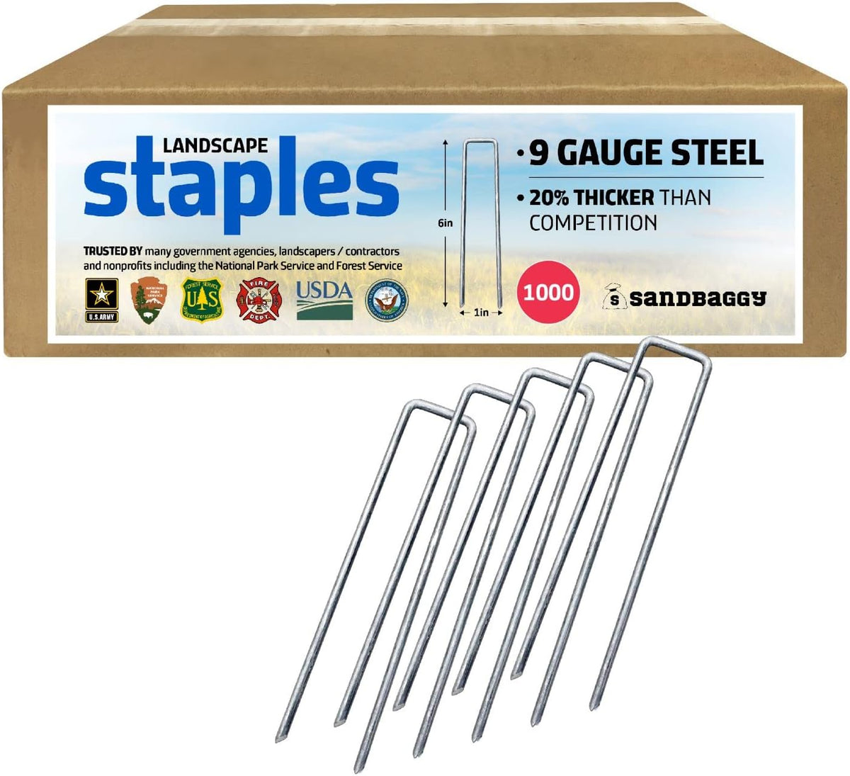 Sandbaggy 6 inch Landscape Sod Staples (9 Gauge Steel) ~ Great for Hard Soil - 20% Thicker Than Competition - Trusted by Farmers & Contractors Across USA (1000 Staples)