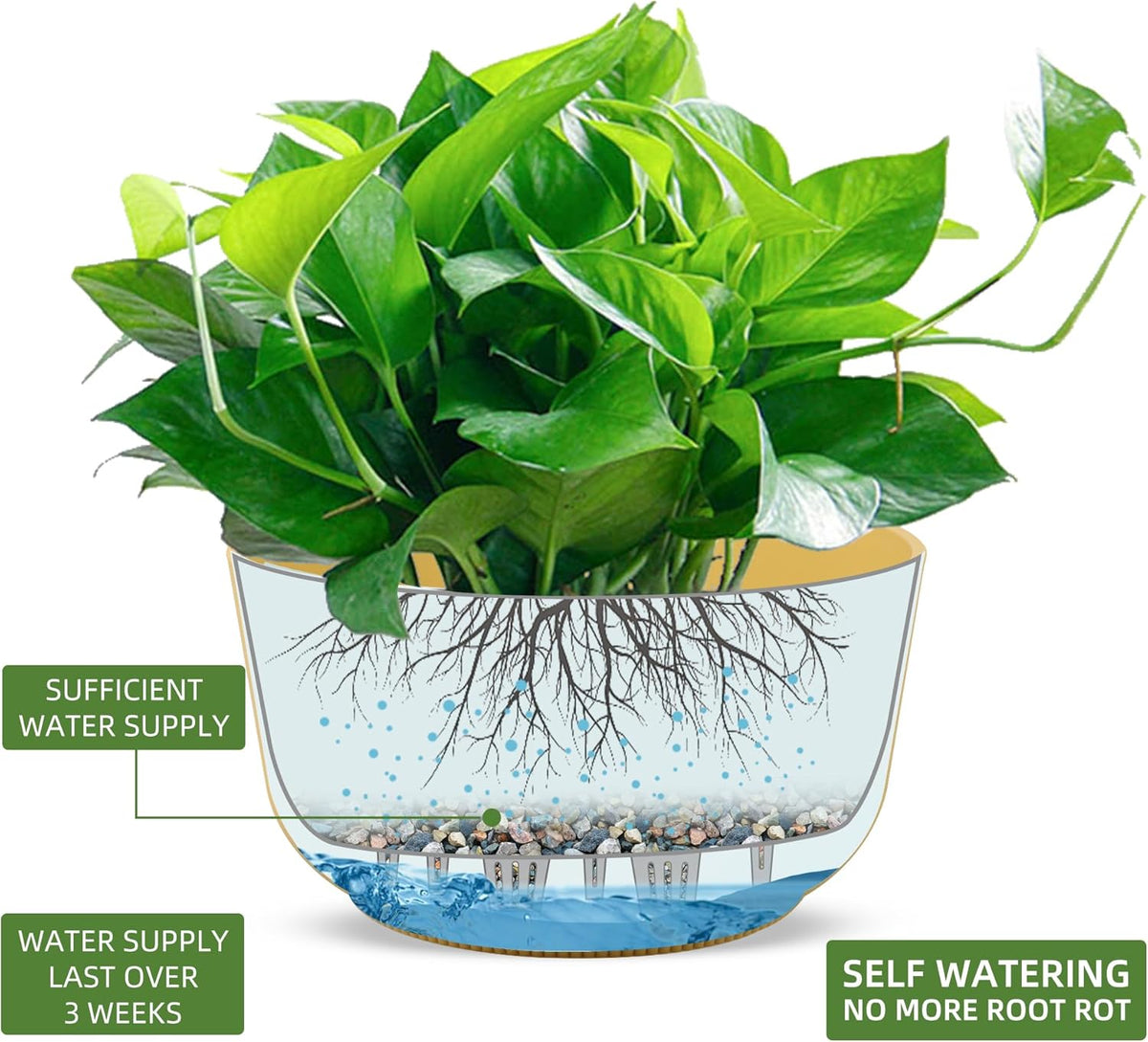 Dexceder 11.2 Inch Self Watering Hanging Planters Indoor Outdoor, Thickened Hanging Basket Flower Plant Pot (2 Pack, Yellow)
