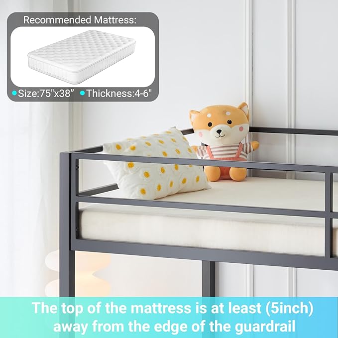 Karl home Twin Metal Loft Bed with Desk, with Power Outlet and LED Lighted, Safety Guardrail & Ladder, Space Saving, No Noise, No Box Spring Needed, Black&Brown