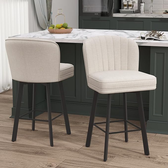 Swivel Counter Height Bar Stools Set of 4, 26'' Modern Barstools with Backs and Metal Legs, Upholstered Bar Chairs, Beige, Fabric Stools for Kitchen Island Chairs