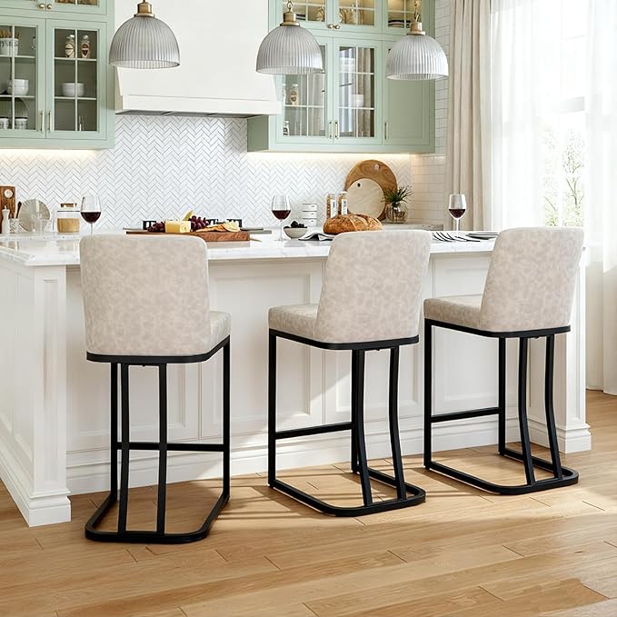 MAISON ARTS Counter Height Bar Stools with Back Set of 2 for Kitchen Counter, 24 Inch Modern Upholstered Faux Leather Barstools Farmhouse Bar Chairs Luxury Island Stools Support 330LBS, Light Grey