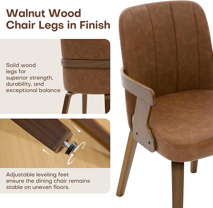 Kitchen Dining Chairs Set of 4, Faux Leather Upholstered Dining Room Chairs with Wood Arms and Legs, Mid Century Modern Kitchen Side Chair for Living, Bedroom, Restaurant, Walnut/Brown