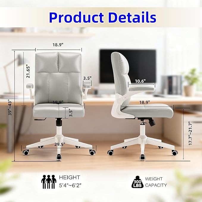 Ergonomic Home Office Desk Chair with Space Saving Flip-Up Arms, 360° Swivel & Reclining Back, High-Back Executive Chair in Soft Faux Leather Chair Multi-Angle from 90° to 135°（Gray）