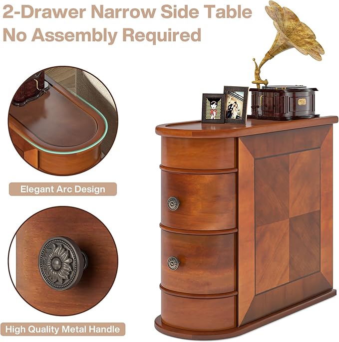 Tribesigns Wood End Table, 2-Drawer Narrow Side Table Slim Chair Solid Side Table, No Assembly Required, Finished Back