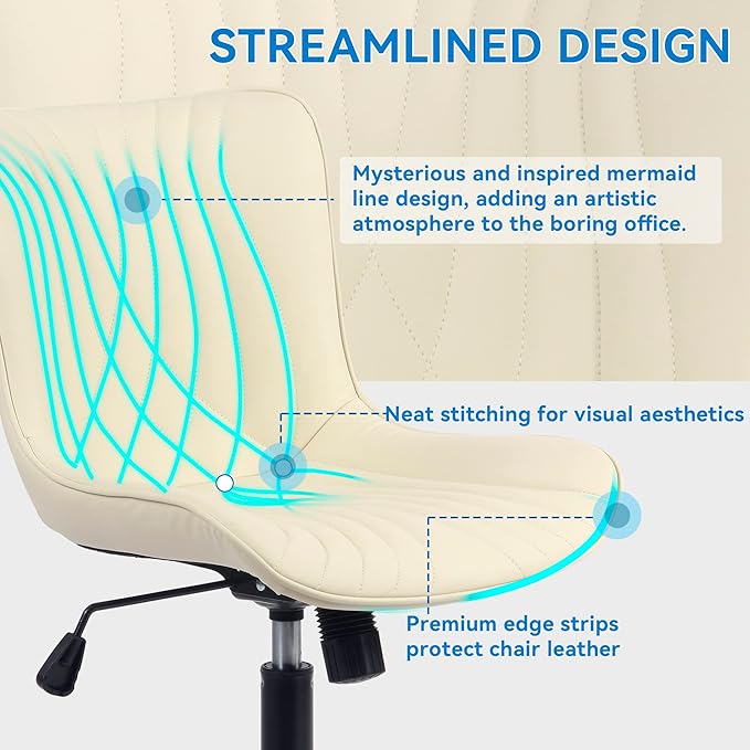 YOUNIKE Office Chair, Armless Desk Chair with Wheels, Adjustable Swivel Home Office Computer Task Chairs, Modern Faux Leather Padded Vanity Chair with Back, Beige