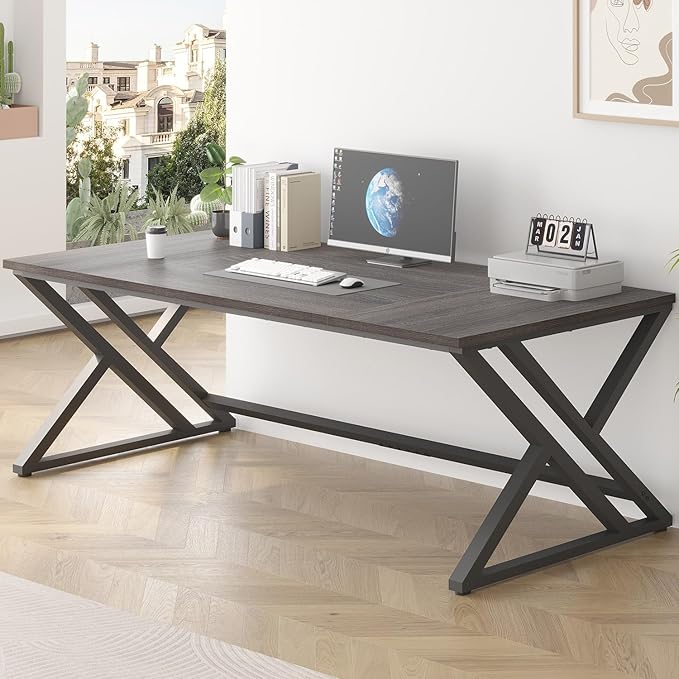 LVB 78.7 Long Executive Desk, Modern Large Computer Office Desk, Wood Metal Simple Pc Study Gaming Writing Table, Industrial Laptop Desk Workstation for Home Bedroom Living Room, Dark Gray, 78.7 Inch