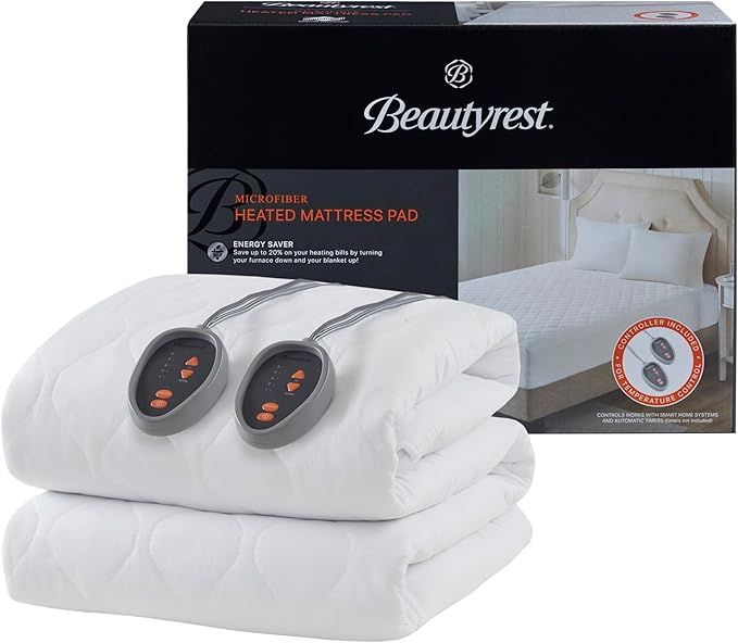 Beautyrest 3M Scotchgard Heated Mattress Pad - Electric Bed Warmer with 5 Heat Settings, 10 Hr Auto Shut Off Timer, All Around Elastic Deep Pocket, UL Certified, Machine Washable, White Queen