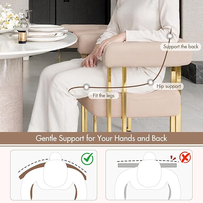 Velvet Dining Chairs Set of 2, Khaki Upholstered Barrel Armchairs with Gold Metal Legs for Kitchen Island, Mid Century Modern Accent Side Chairs for Dining Room and Living Room, Open-Back