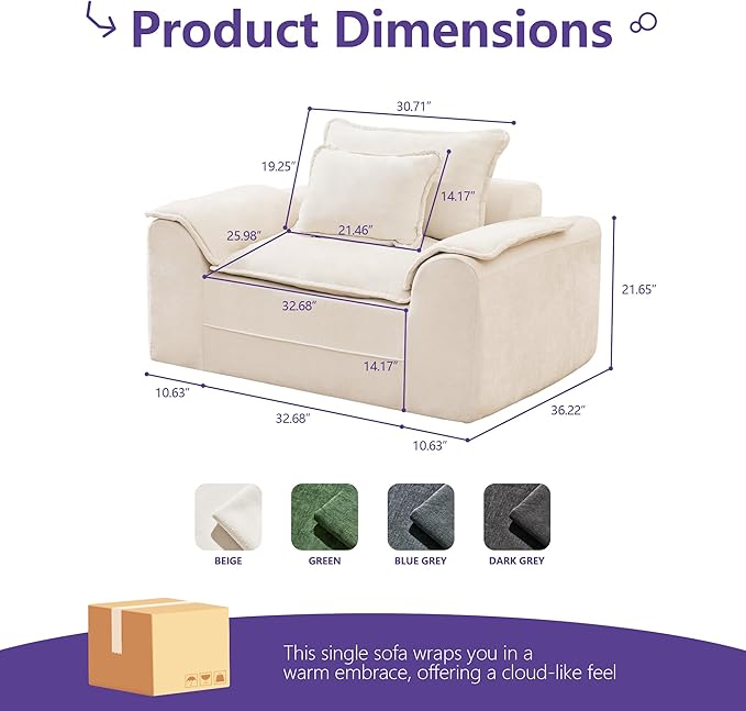 Hobestluk Cloud Single Sofa Memory Foam Couch with Deep Seat L Shaped Sofa with Removable Cover Large Couch for Living Room (Beige, Single Sofa)