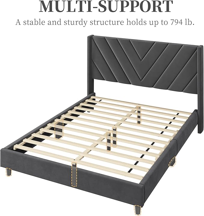 Yaheetech Queen Bed Frame Upholstered Platform Bed with Wing Side/Wooden Slat Support/Tufted Headboard with Wing Side/Mattress Foundation/No Box Spring Needed,Deep Gray Queen Bed