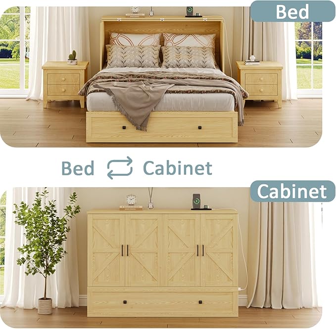 Full Size Murphy Bed with Charging Station, Wall-Mounted Hideaway Bed with Foldable Panel for Home Office, Small Rooms, Guest Bedrooms, Living Rooms, Natural