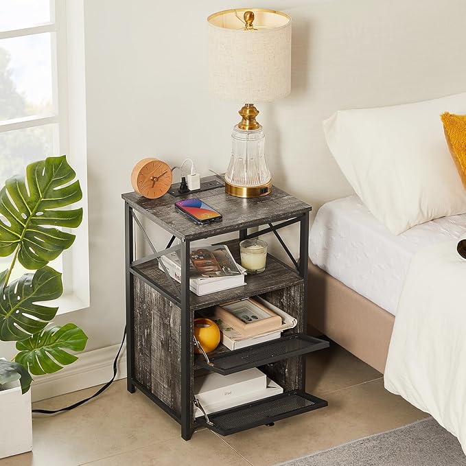 VECELO Misty Gray End Table with USB Ports and Outlets,24 Inch Nightstands with Charging Station and Storage Shelf for Bedroom,Living Room, 2 Set