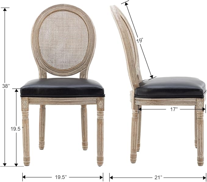 Farmhouse Leather Dining Room Chairs Set of 2 French Dining Chairs with Round Rattan Back French Bistro Chairs for Dining Room/Living Room/Kitchen/Restaurant, Black