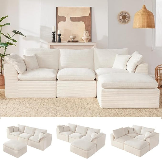 112" Cloud Sectional Couch, Boneless Couches for Living Room, L Shaped Couch with Convertible Ottoman, Modular Sectional Sofa with Deep Seat, Comfy Soft Cushions, No Assembly, Beige
