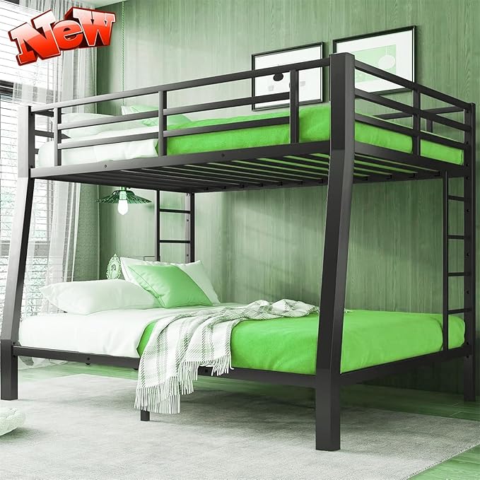 Higher Quality & Stronger Heavy Duty Industrial Style Metal Full XL Over Queen Bunk Bed, Thickened More Stable Black Steel Bunkbed Bunk Queen Bed (Easier to Assemble) (Full XL Over Queen)