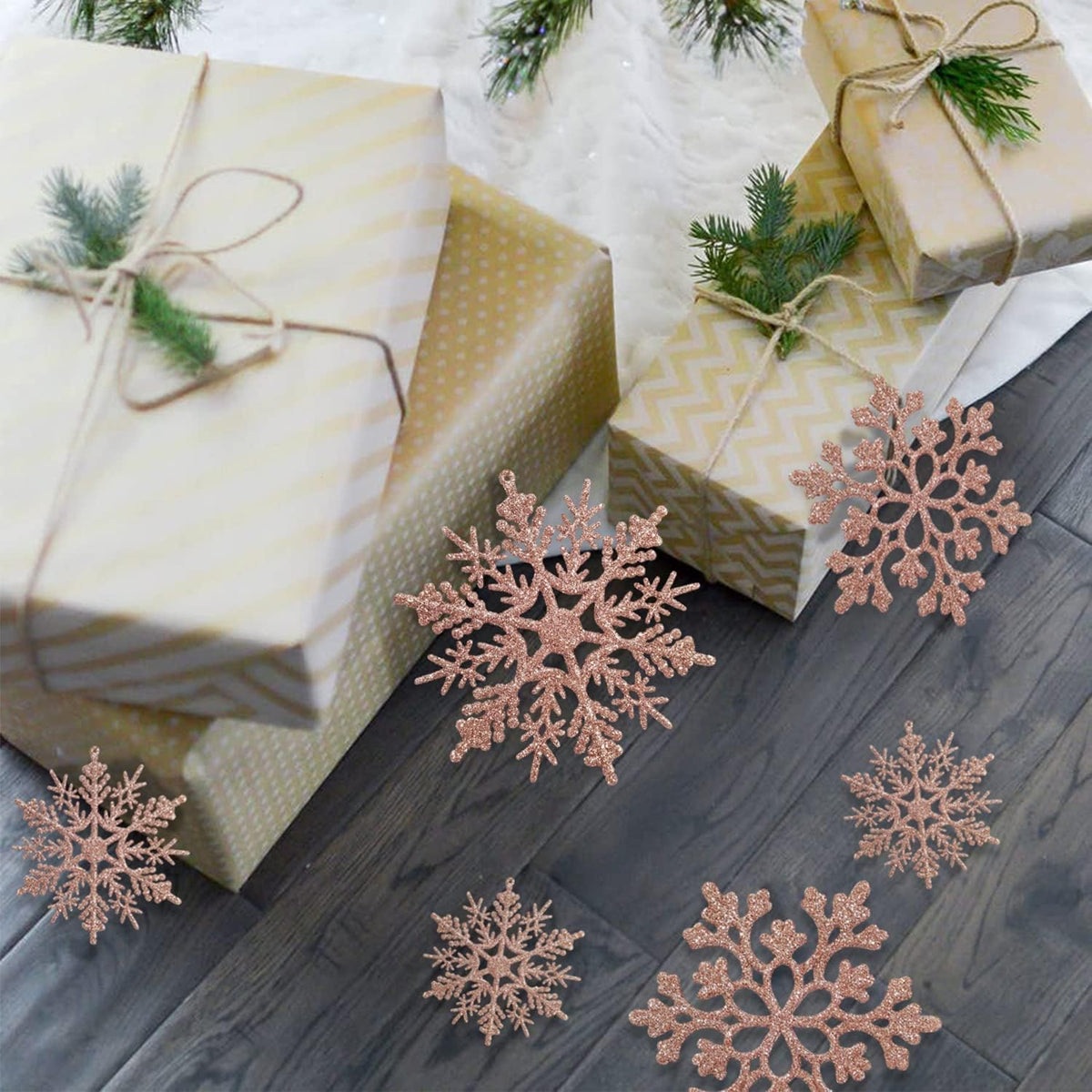 36pcs Christmas Rose Gold Snowflake Ornaments Plastic Glitter Snow Flakes Ornaments for Winter Christmas Tree Decorations Size Varies Craft Snowflakes