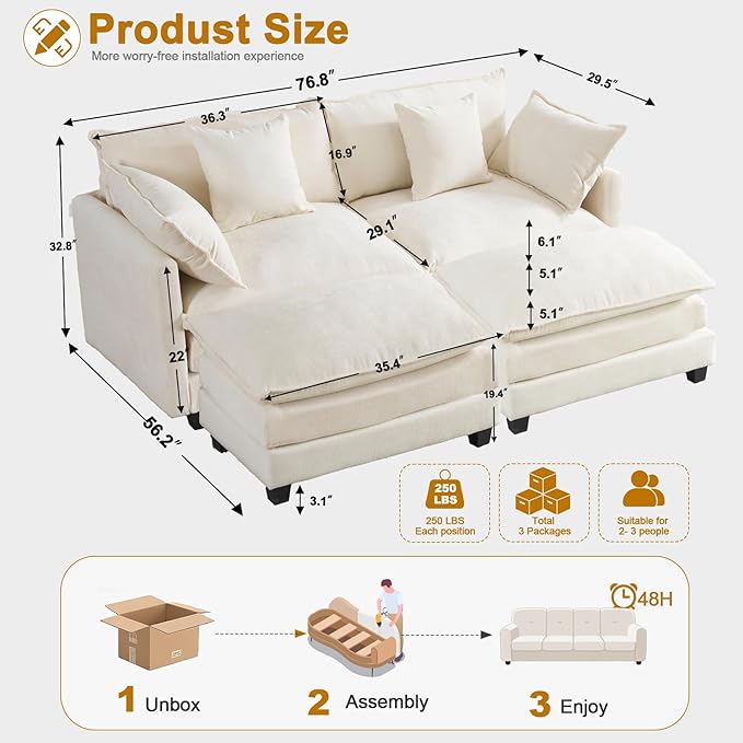 Expandable L-Shaped Sectional Sofa with Ottoman for Apartments, 77" Cloud Chenille Sofa, Create a U-Shape Layout with Optional 2nd Ottoman, Solid Wood Frame, Easy Assembly