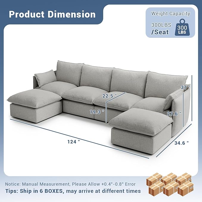 124" Cloud Modular Sectional Sofa, Waterproof Down Filled Sectional Couch, High Backrest U Shaped 4 Seater Couch with 2 Ottomans, Modern Modular Sofas with Removable Cover, Light Gray