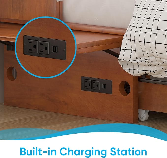 Mjkone Murphy Bed Queen Cabinet Bed with Tri-fold Mattress and Built-in USB Charging & 2 Drawers & Bedside Panel, Hidden Guest Beds, Murphy Cube Chest Cabinet Beds for Bedroom/Apartment - Cherry