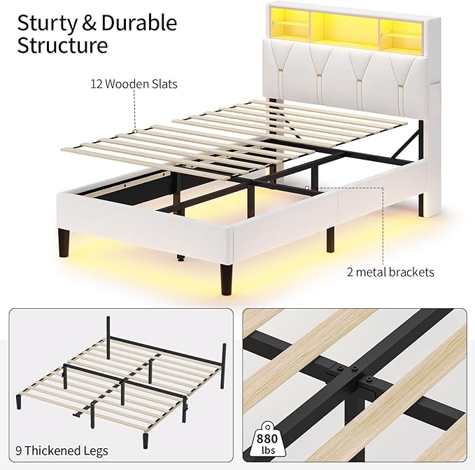 Twin Bed Frames with Storage Headboard, Power Outlet, Velvet Upholstered Platform Bed for Kids, LED Bed Frame Twin with 5 Storage Shelves, No Box Spring Needed, Creamy White