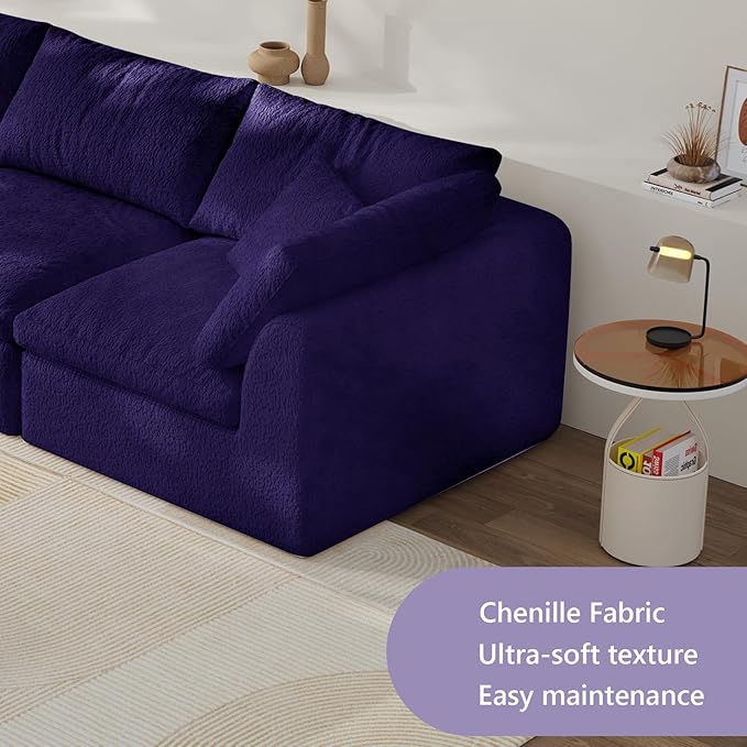 138" Boneless Cloud Couch Modular Sectional Sofa with Deep Seat for Living Room, L Shape Couch with Ottoman, Snowflake Cloth and 40D Memory Sponge，2 Throw Pillows (Purple, 4 Seater+2 Ottoman)