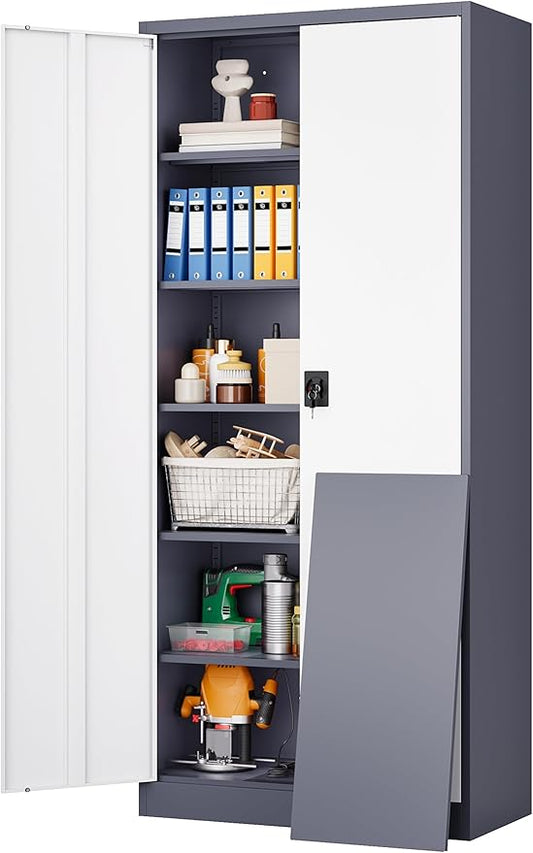 Wide & Deep Metal Storage Cabinet with 6 Shelves,72 inch Tall Garage Storage Cabinet with Lock,Gray White Metal Cabinets with Locking Doors,Large Steel Lockable Cabinets for Home,Office,Shop,Garage