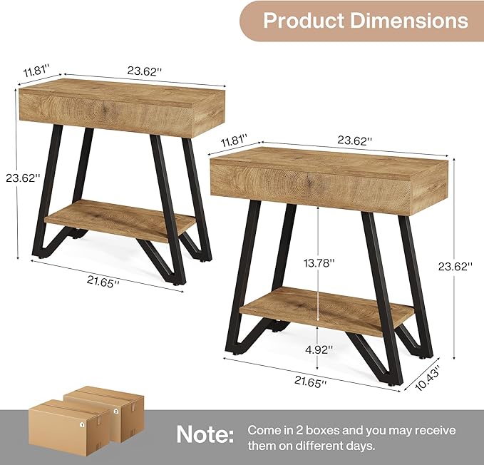 Tribesigns End Side Table for Living Room, Narrow Couch Arm Side Table with Storage Shelves, Small Bedside Nightstand for Bedroom, Small Spaces, Natural(Set of 2)