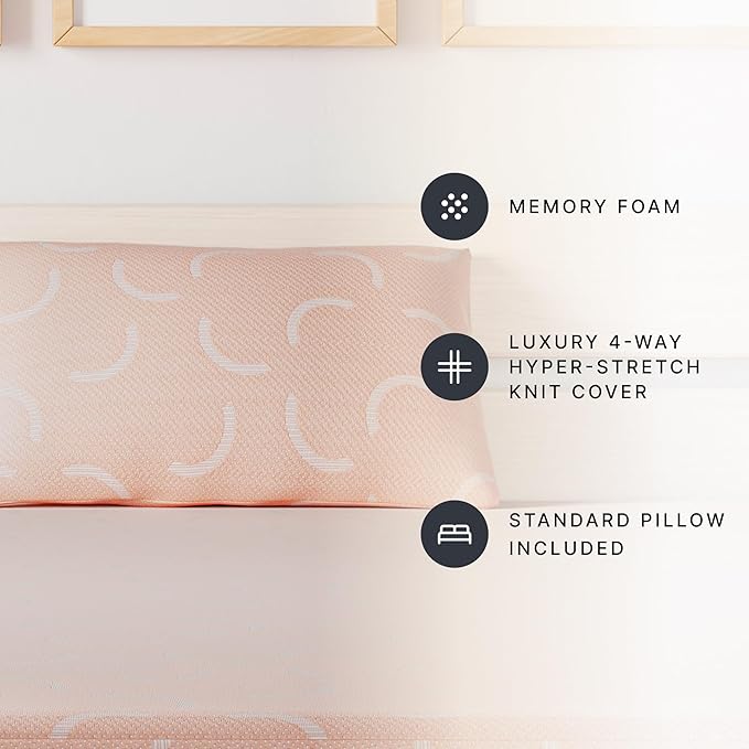 Signature Design by Ashley Full Size iKidz 7 Inch Firm Gel Memory Foam Mattress with Stretch Knit Cover & Pillow Included, Pink Coral, Fiberglass Free, Mattress in A Box