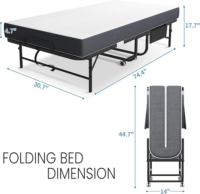 Folding Bed with Mattress for Adults, 75" x 31" Foldable Bed with Side Pocket, Twin Size Metal Bed Frame with Wheels, Portable Rollaway Bed for Guest, Travel