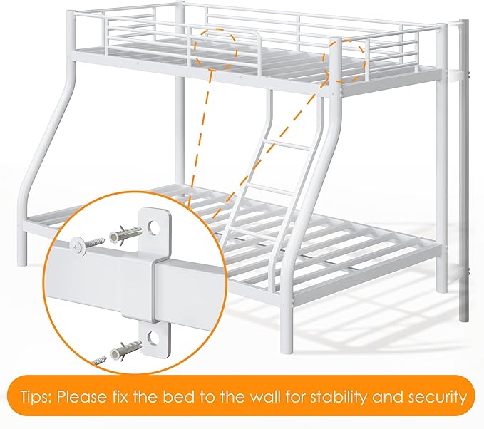 soges Twin Over Full Bunk Bed, Heavy Duty Sturdy Bunk Beds with Ladder & Guardrail, Space-Saving Metal Bed Frame for Teens Adults, White
