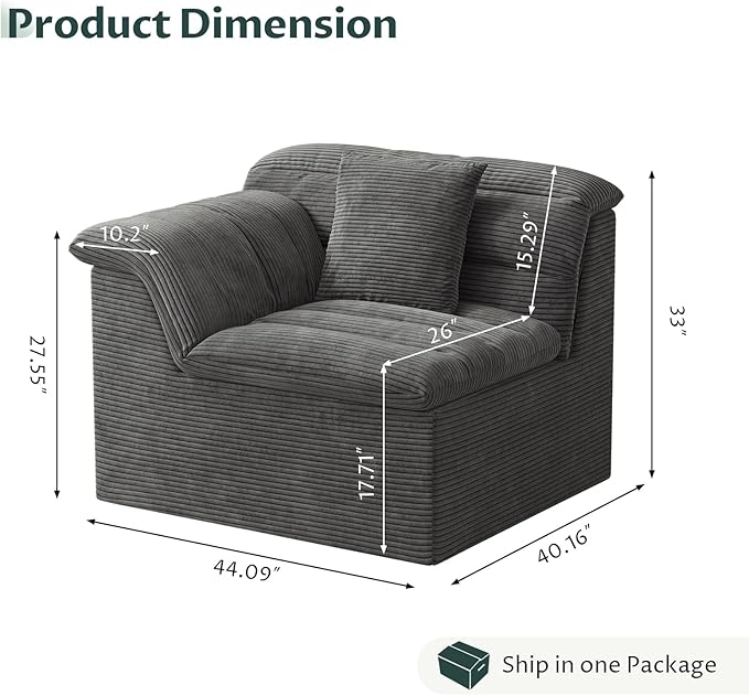 44" Cloud Sectional Couch with Single Arm, Modern Compressed Sofa, Comfy Sleeper Sofa, Corduroy Upholstered Couches for Small Space/Apartment, No Assembly Required, Dark Gray, Left Side