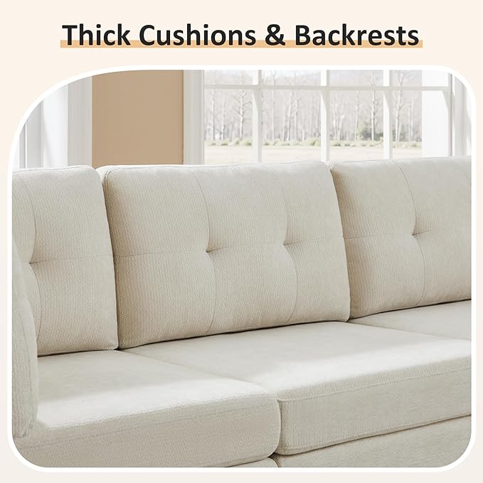 VANOMi 6 Seat Modular Sectional Sofa with 2 Ottomans, 118" Convertible Modular Cloud Sofa Bed, Comfy Chenille Sofas & Couches for Living Room, Apartment, Office, Beige, Large Sofa Bed