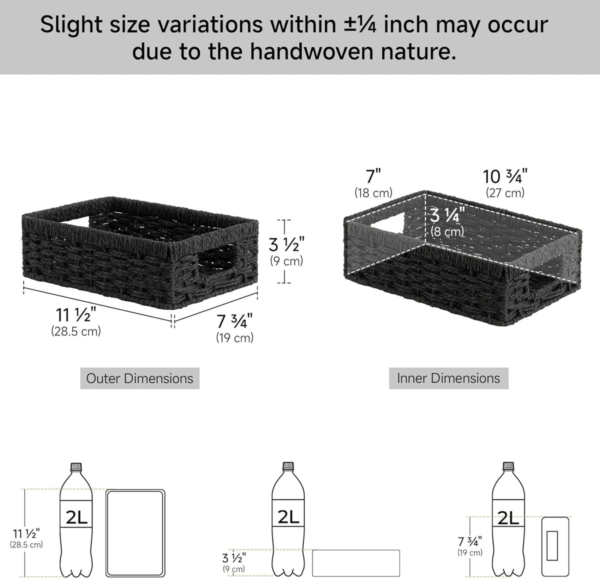 StorageWorks Small, Pantry Baskets, Wicker Storage Baskets for Organizing, Bathroom Shelves, Pantry Organizers and Storage, Black, 2-Pack