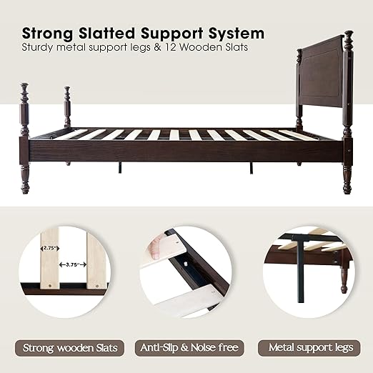 King Size Solid Wood Platform Bed Frame with Headboard & Footboard, 12 Strong Slats Base, Central Metal Legs, No Box Spring Needed, Easy Assembly, Anti-Noise & Slip-Free, Dark Roast Oak Finish, ROK-32