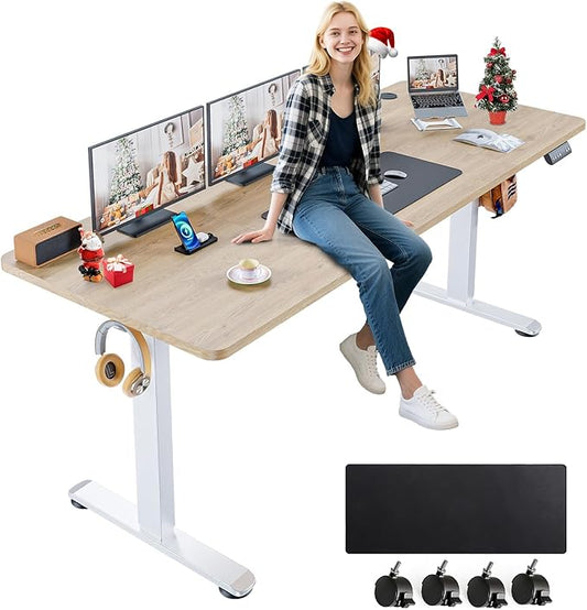 farexon Electric Standing Desk Adjustable Height, 70.8 x 27.5 Inch Sit Stand up Desk with Large Mouse Pad, Double Metal Hook,4 Wheels,4 Memory Preset Heights Home Office Computer Desk,Oak Grey