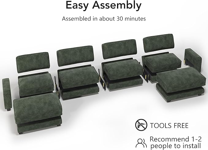 Sunny Heart 160" U-Shaped Modular Sectional Sofa, Oversized Cloud Couch with Movable Ottoman, 6-Seat Chenille Deep Seat Sofa with Pillow, Sectional Couches for Living Room, Apartment, Green