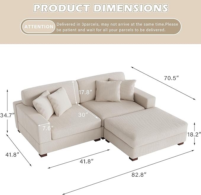 Modular Sectional Couches for Living Room, Modern Loveseat 2-Seater Sofa Couch with Ottoman, Upholstered Couches for Living Room Bedroom, Beige