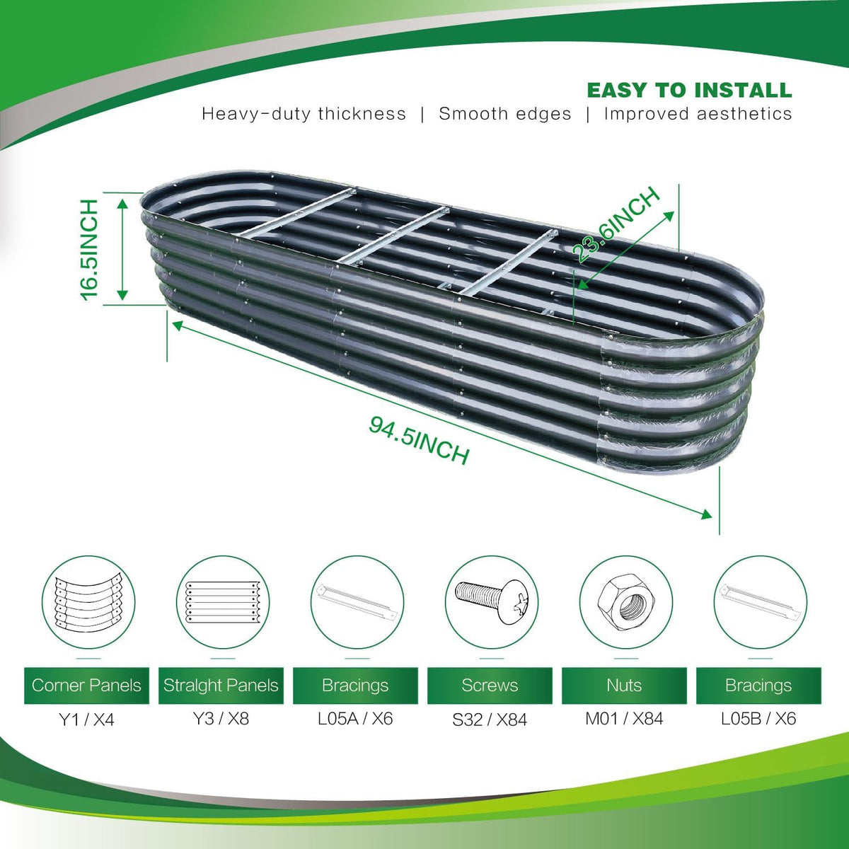 Gardmax Galvanized Raised Garden Bed, Lightweight Planter Boxes Outdoor with Easy Assembly, Large Garden Bed for Vegetables, Fruits, Flower Dark Grey 8FT