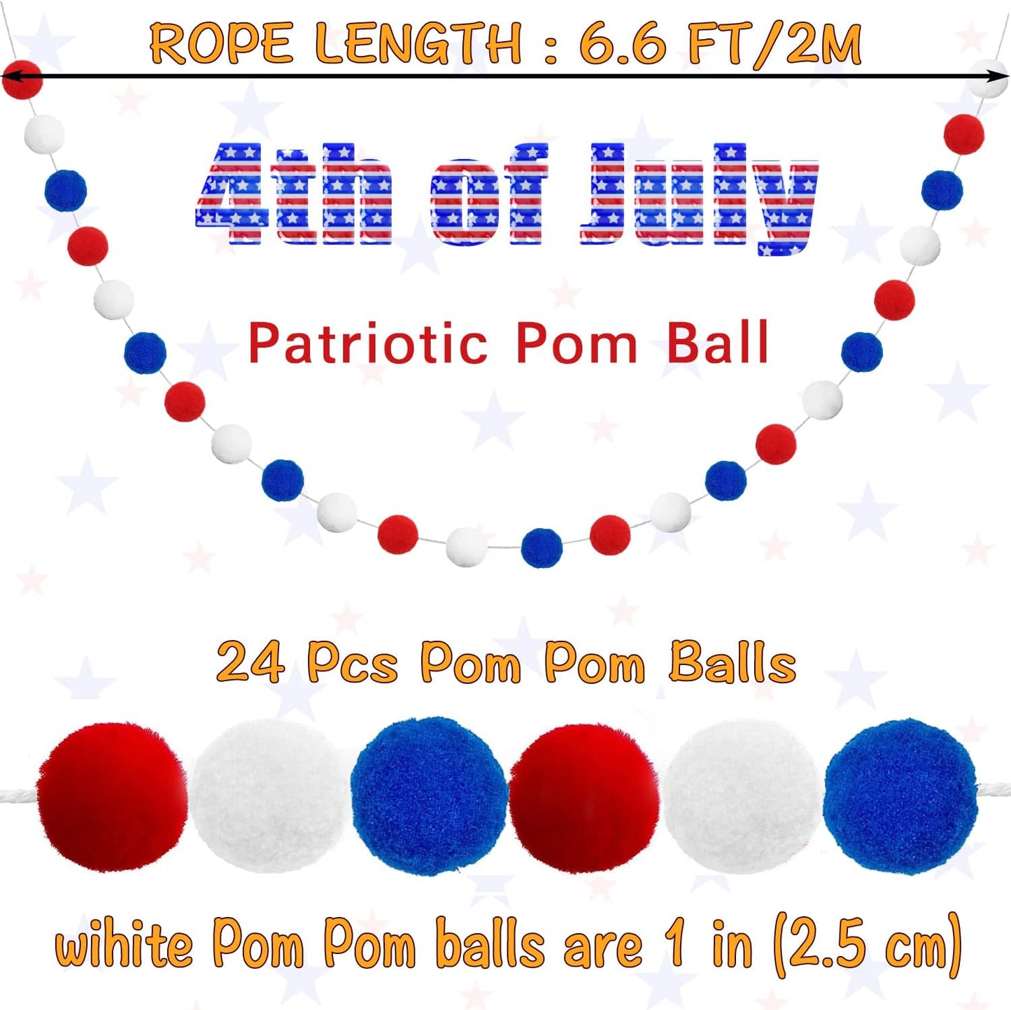 Jishi Pom Pom Garland 4th of July Decorations, Patriotic Red White Blue Felt Ball Garland, 3-Pack 6.6ft Long 24 Cute Pompom Balls String, Christmas Tree Decor Ornaments for Home Birthday Holiday Party