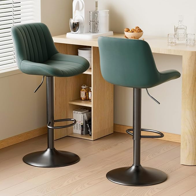 Nalupatio Bar Stools Set of 2, Adjustable Modern Swivel Bar Stools with Backs, Counter Height Performance Fabric Island Chairs for Home Kitchen, Dark Green
