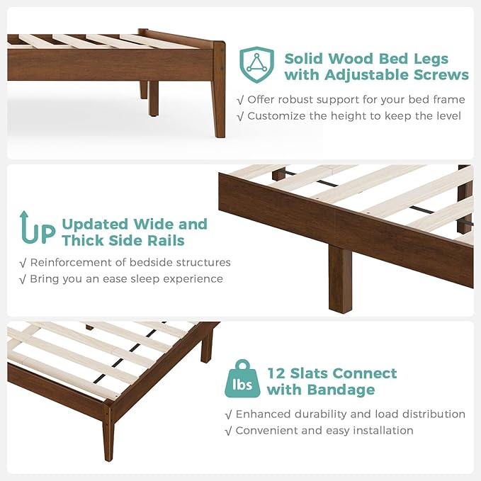 Full Bed Frame, Mid Century Platform Bed Frame with Ladder Headboard, Malaysian Oak Bedframe with Solid Wood Foundation, Noise-Free, Easy Installation, Full Size, Antique Espresso