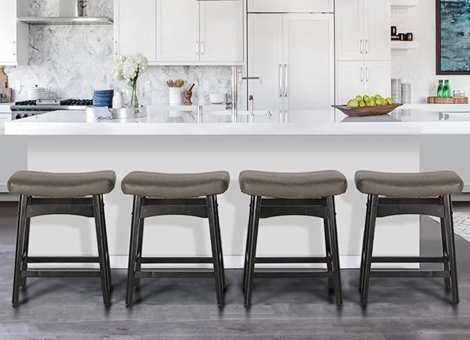 ALPHA HOME Bar Stools Set of 4, Solid Wood Saddle Kitchen Stools with Grey PU Leather Cushion Counter Height Barstools with Wooden Base for Kitchen Dining Cafe, 24 Inch, Grey, 4PCS